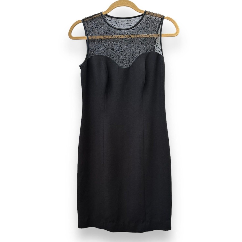 Jones New York Womens Little Black Dress Size 4 Sleeveless Illusion Beaded Sheer